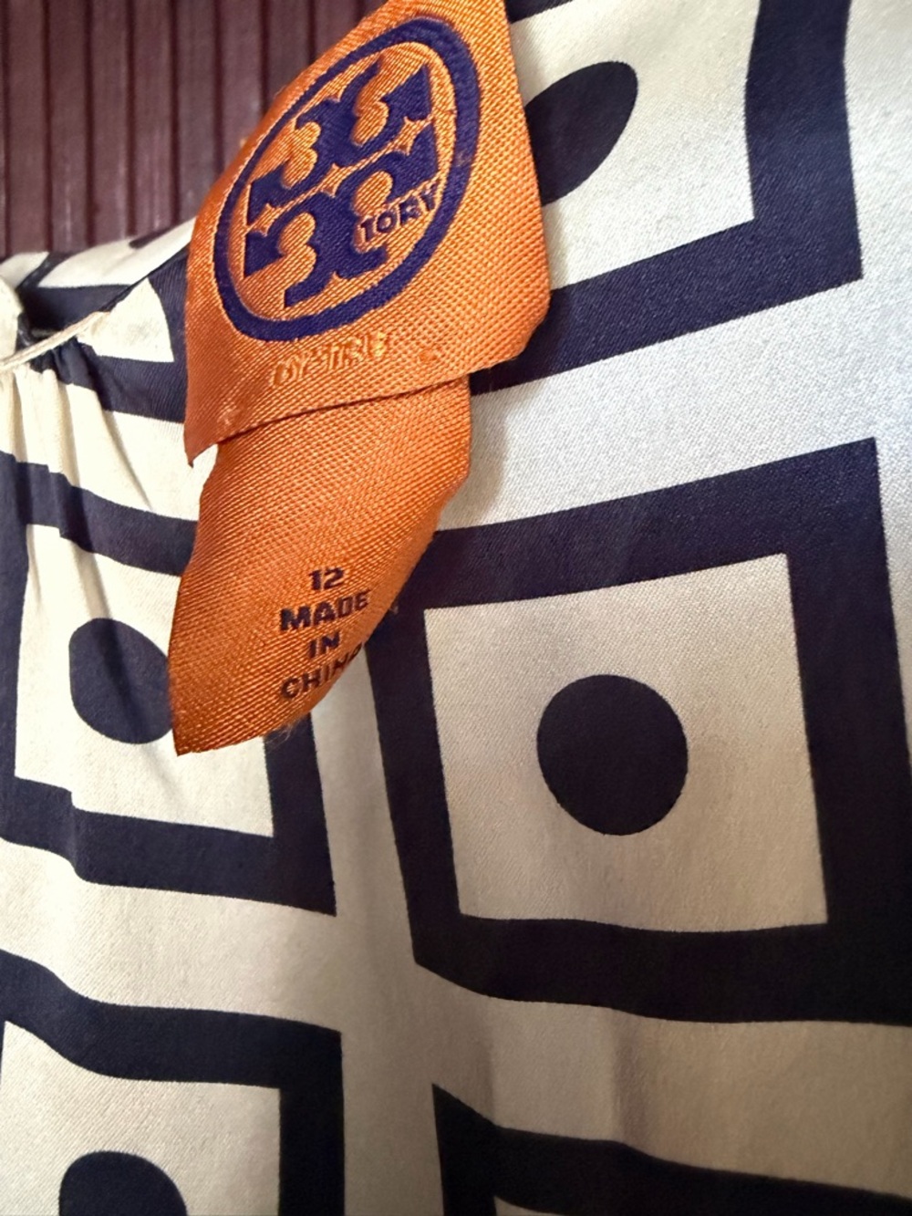 Tory Burch Navy and Cream Geometric Silk Top